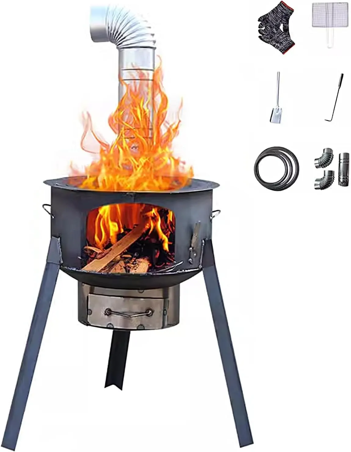 Wood Stove Camping Portable with Chimney Pipe, Tent Stoves Wood Burning, Wood Burning Stove Inserts Load Capacity 160kg for Patio Field Indoor(63 * 63 * 60cm)