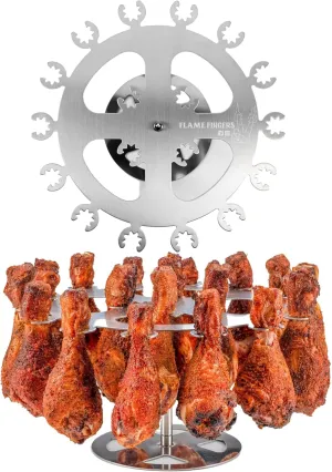 XL Chicken Grill Rack - Holds 18 Legs, Wings, Thighs, Lollipops or Turkey Drumsticks. Stainless Rotating Design for use on Grills BBQ's Smokers Ovens