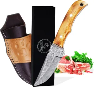 YA FORGE-7-inch hunting knife, Hand-forged Damascus Steel Survival Knife, Burnt pins with Camel Bone Handle bowie knife, 3-inch Fixed Blade with Leather Sheath for Camping, Hiking, Survival, and tactical, bushcraft knife (BURNT PINS)