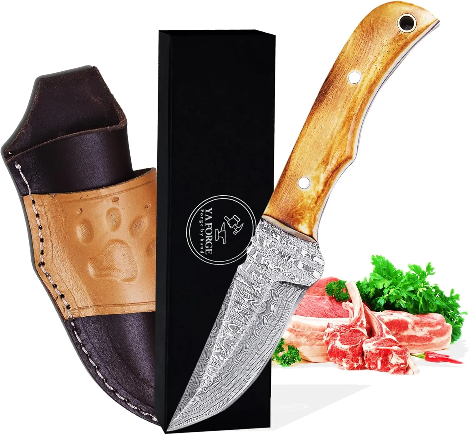 YA FORGE-7-inch hunting knife, Hand-forged Damascus Steel Survival Knife, Burnt pins with Camel Bone Handle bowie knife, 3-inch Fixed Blade with Leather Sheath for Camping, Hiking, Survival, and tactical, bushcraft knife (BURNT PINS)