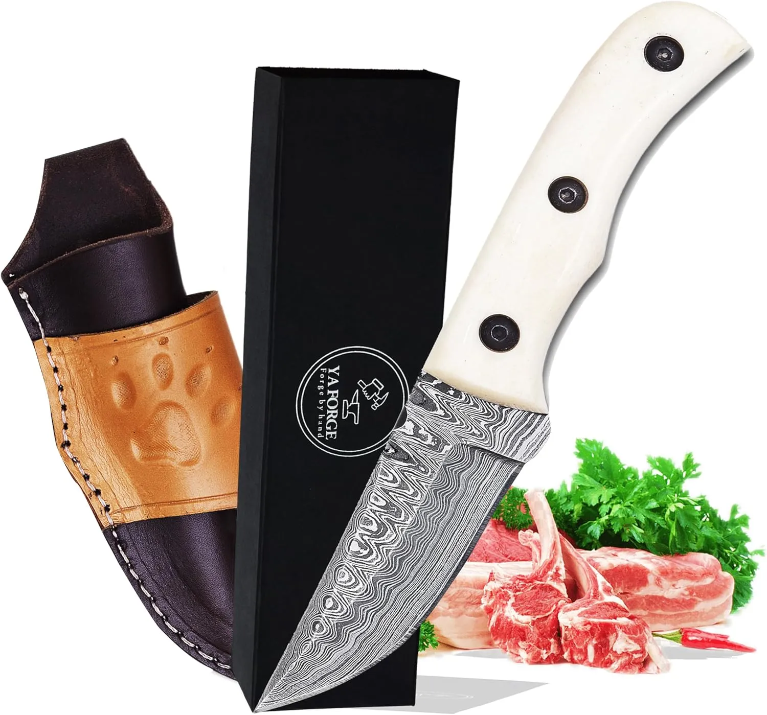YA FORGE- 7" Hand-Forged Damascus Steel Hunting knife, Majestic Camel Bone Handle, Unyielding 3" Fixed Blade, The Ultimate Survivalist’s Bowie Knife with Exclusive Leather Sheath