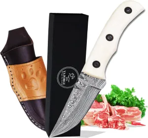 YA FORGE- 7" Hand-Forged Damascus Steel Hunting knife, Majestic Camel Bone Handle, Unyielding 3" Fixed Blade, The Ultimate Survivalist’s Bowie Knife with Exclusive Leather Sheath