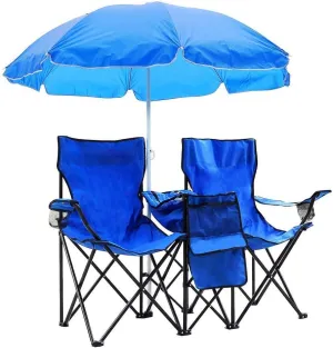 Yescom Double Folding Chair w Umbrella Table Cooler Fold Up Picnic Camping Beach Garden