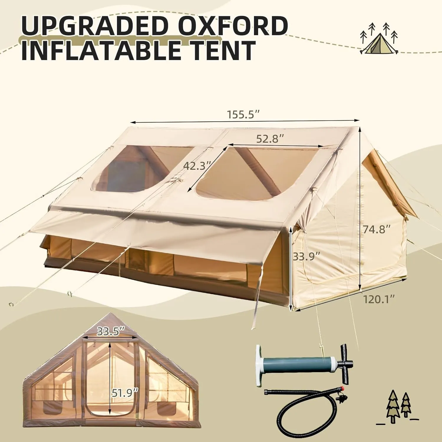 YOLENY Inflatable Tents for Camping, 4/6/8/10/12 Person Tent with TPU Skylight, Mesh Windows, Stove Jack & Pump, Easy Setup 4 Season Glamping Tent, Waterproof & Windproof