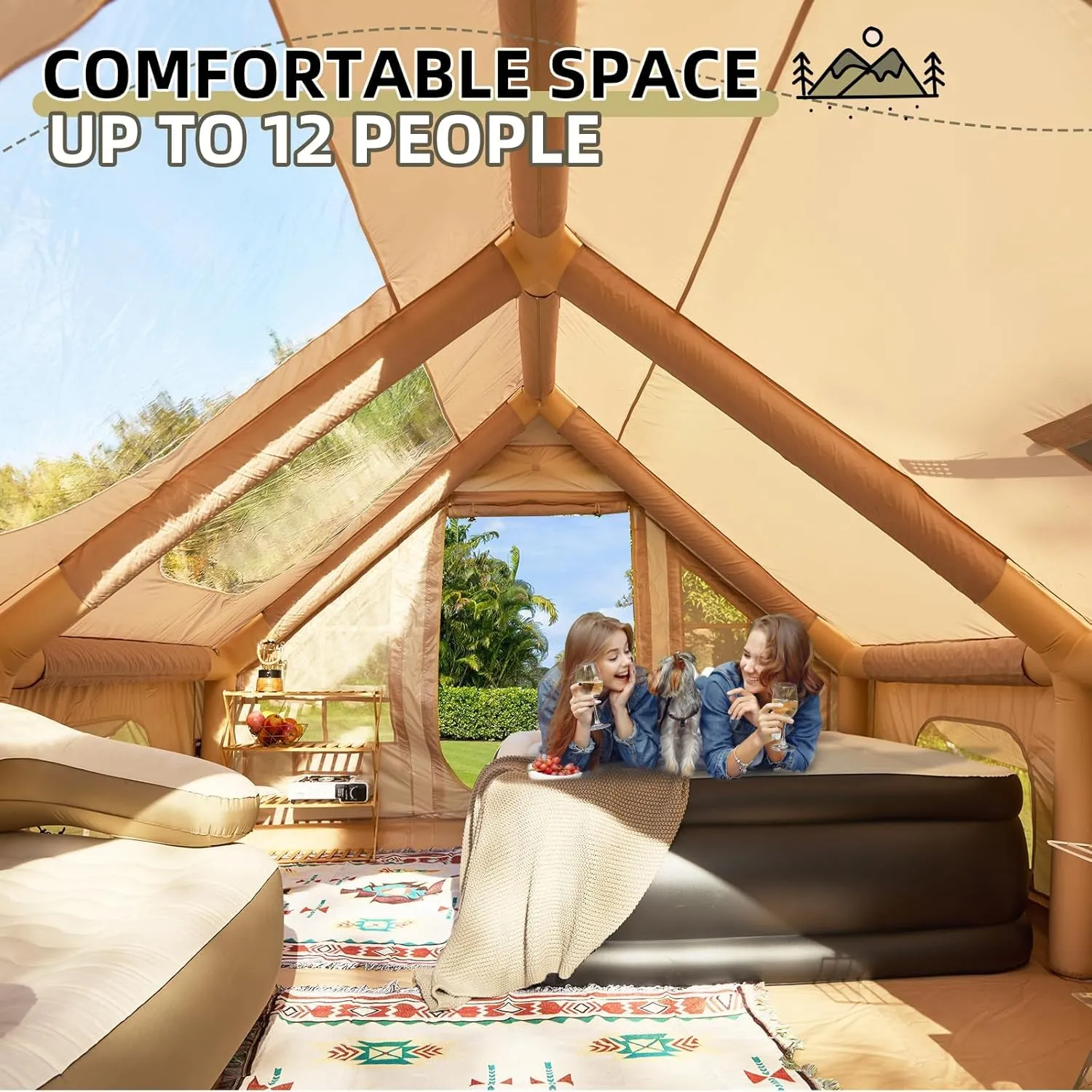 YOLENY Inflatable Tents for Camping, 4/6/8/10/12 Person Tent with TPU Skylight, Mesh Windows, Stove Jack & Pump, Easy Setup 4 Season Glamping Tent, Waterproof & Windproof