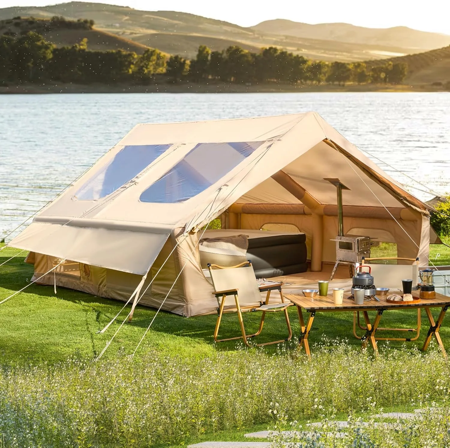 YOLENY Inflatable Tents for Camping, 4/6/8/10/12 Person Tent with TPU Skylight, Mesh Windows, Stove Jack & Pump, Easy Setup 4 Season Glamping Tent, Waterproof & Windproof