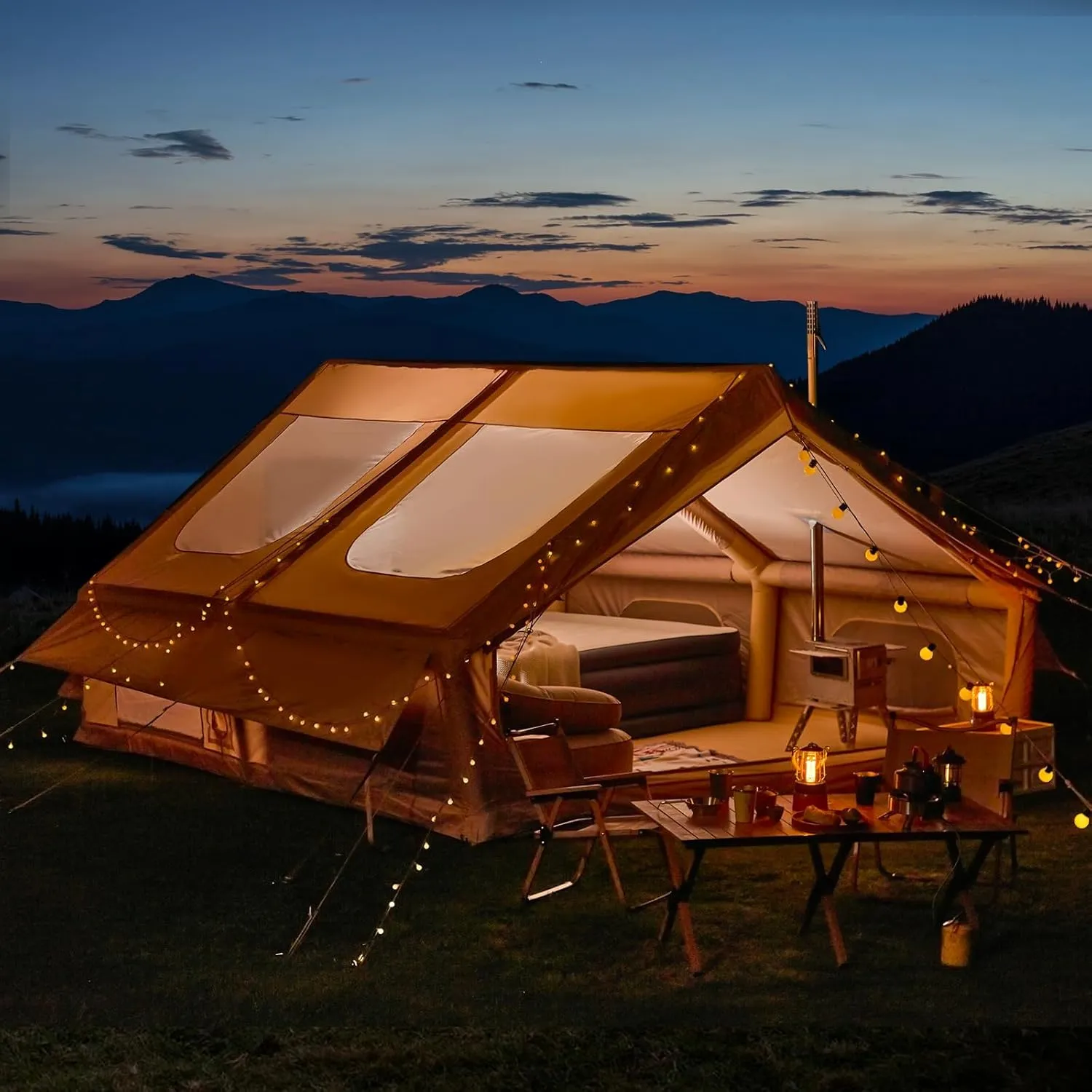 YOLENY Inflatable Tents for Camping, 4/6/8/10/12 Person Tent with TPU Skylight, Mesh Windows, Stove Jack & Pump, Easy Setup 4 Season Glamping Tent, Waterproof & Windproof