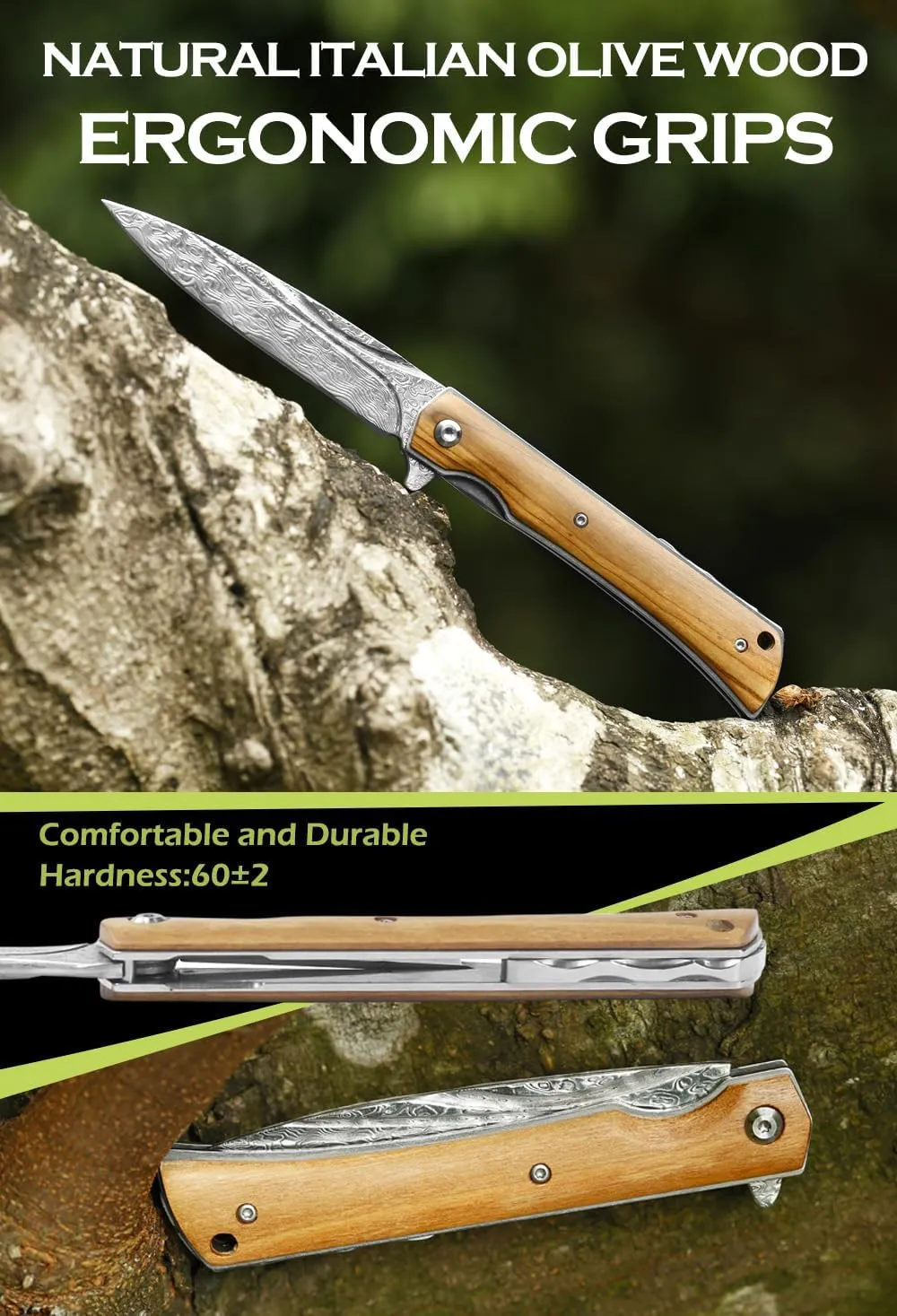 YOUSUNLONG Folding Knife - 73 ply Hammered Damascus Steel - Overall 215mm Damascus Steel Blade for Camping Pocket Knife - Natural Olive Wood Handle