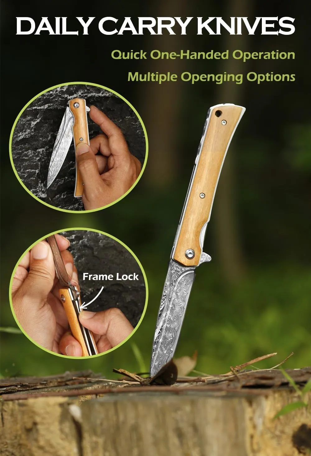 YOUSUNLONG Folding Knife - 73 ply Hammered Damascus Steel - Overall 215mm Damascus Steel Blade for Camping Pocket Knife - Natural Olive Wood Handle