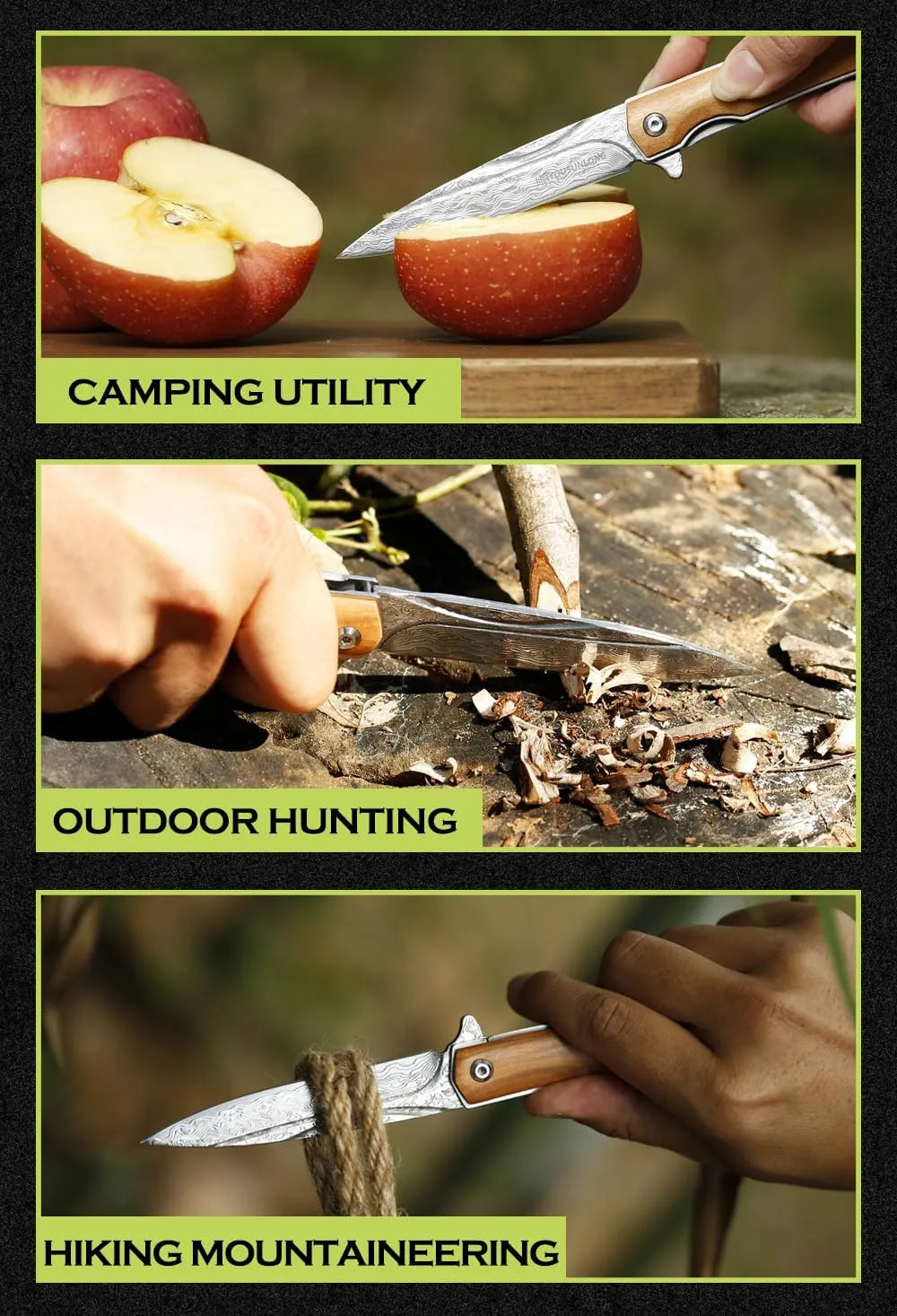 YOUSUNLONG Folding Knife - 73 ply Hammered Damascus Steel - Overall 215mm Damascus Steel Blade for Camping Pocket Knife - Natural Olive Wood Handle