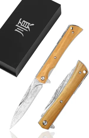 YOUSUNLONG Folding Knife - 73 ply Hammered Damascus Steel - Overall 215mm Damascus Steel Blade for Camping Pocket Knife - Natural Olive Wood Handle