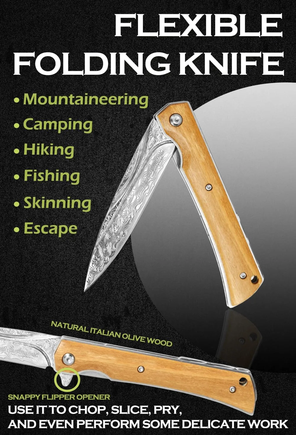 YOUSUNLONG Folding Knife - 73 ply Hammered Damascus Steel - Overall 215mm Damascus Steel Blade for Camping Pocket Knife - Natural Olive Wood Handle