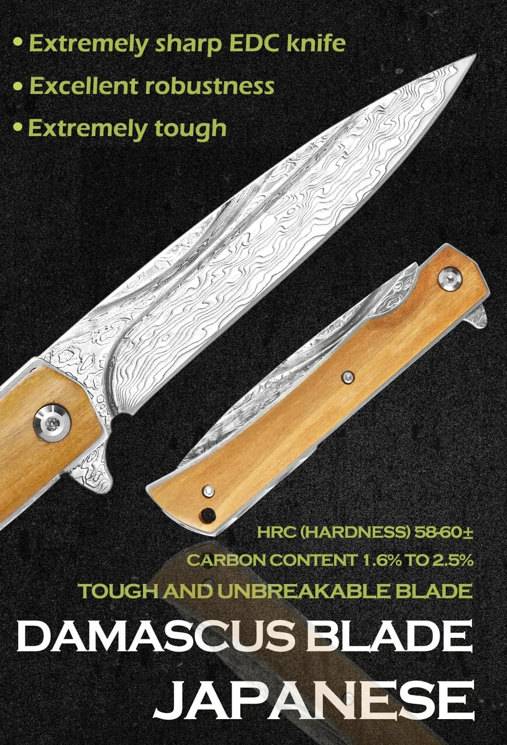 YOUSUNLONG Folding Knife - 73 ply Hammered Damascus Steel - Overall 215mm Damascus Steel Blade for Camping Pocket Knife - Natural Olive Wood Handle