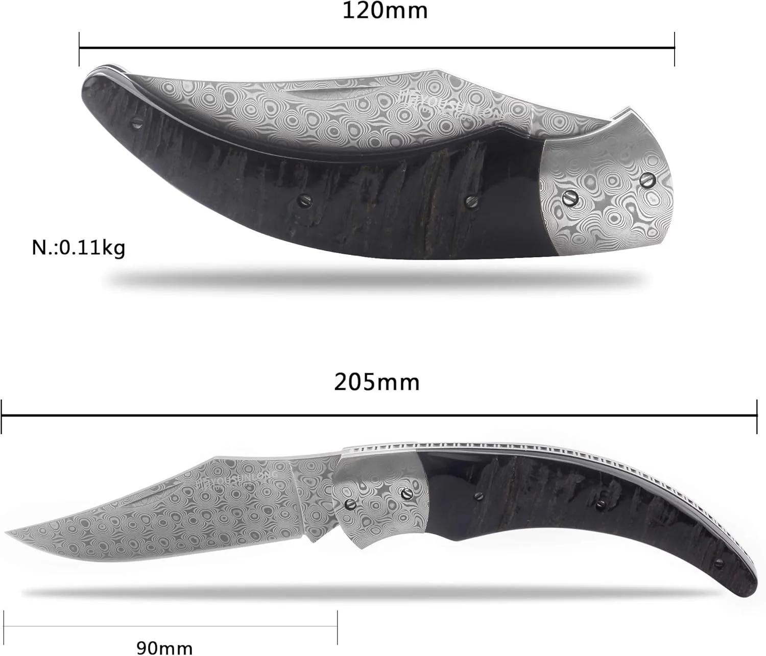 YOUSUNLONG Pocket Knife - Folding Knife - Overall 205mm - Japanese Damascus Steel Blade -Natural Black Buffalo Horn Handle with Leather sheath and walnut wooden Knife Box