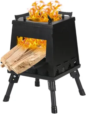 YUEWO Portable Camping Wood Burning Stove, Folding Bonfire Barbecue Firewood Stove Carbon Steel for Outdoor Heating Camping Hiking Cooking Emergency Preparedness (Black)
