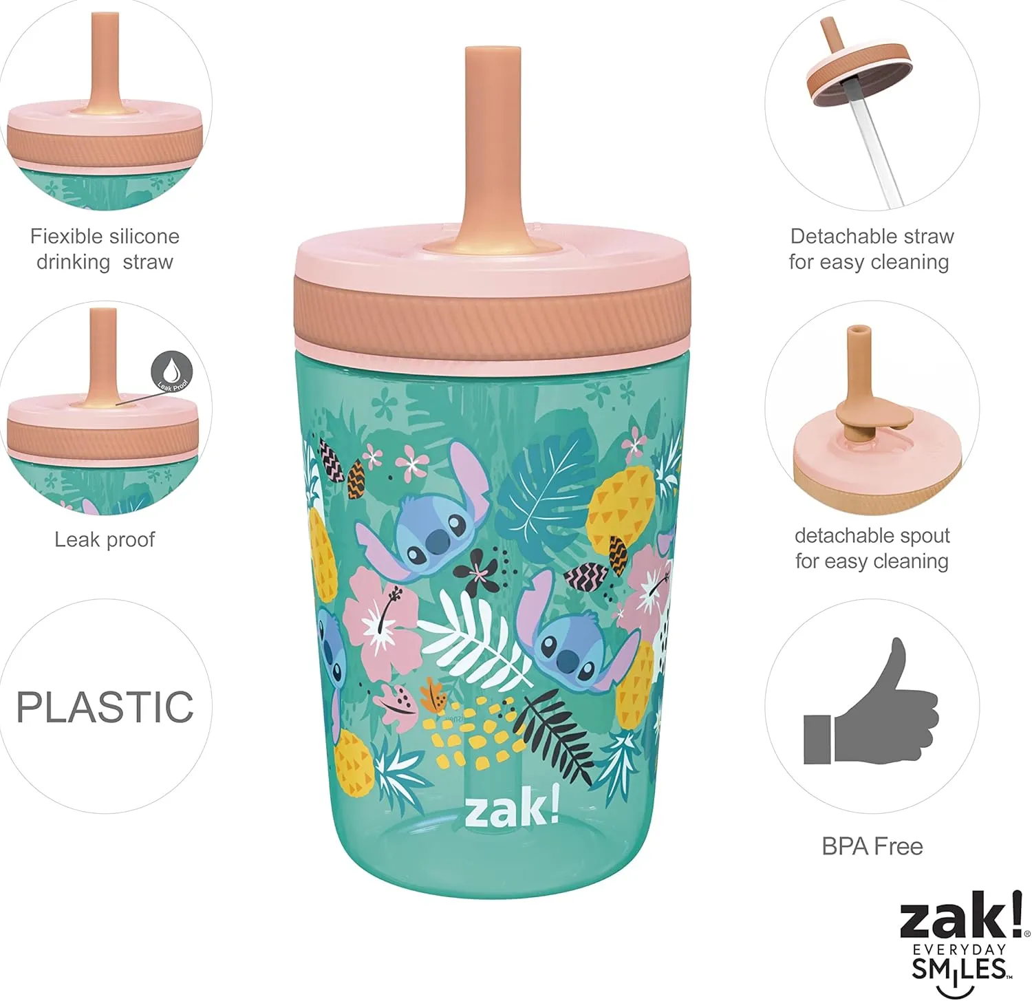Zak Designs Disney Lilo and Stitch Kelso Tumbler Set, Leak-Proof Screw-On Lid with Straw, Bundle for Kids Includes Plastic and Stainless Steel Cups with Bonus Sipper (3pc Set, Non-BPA, Stitch)