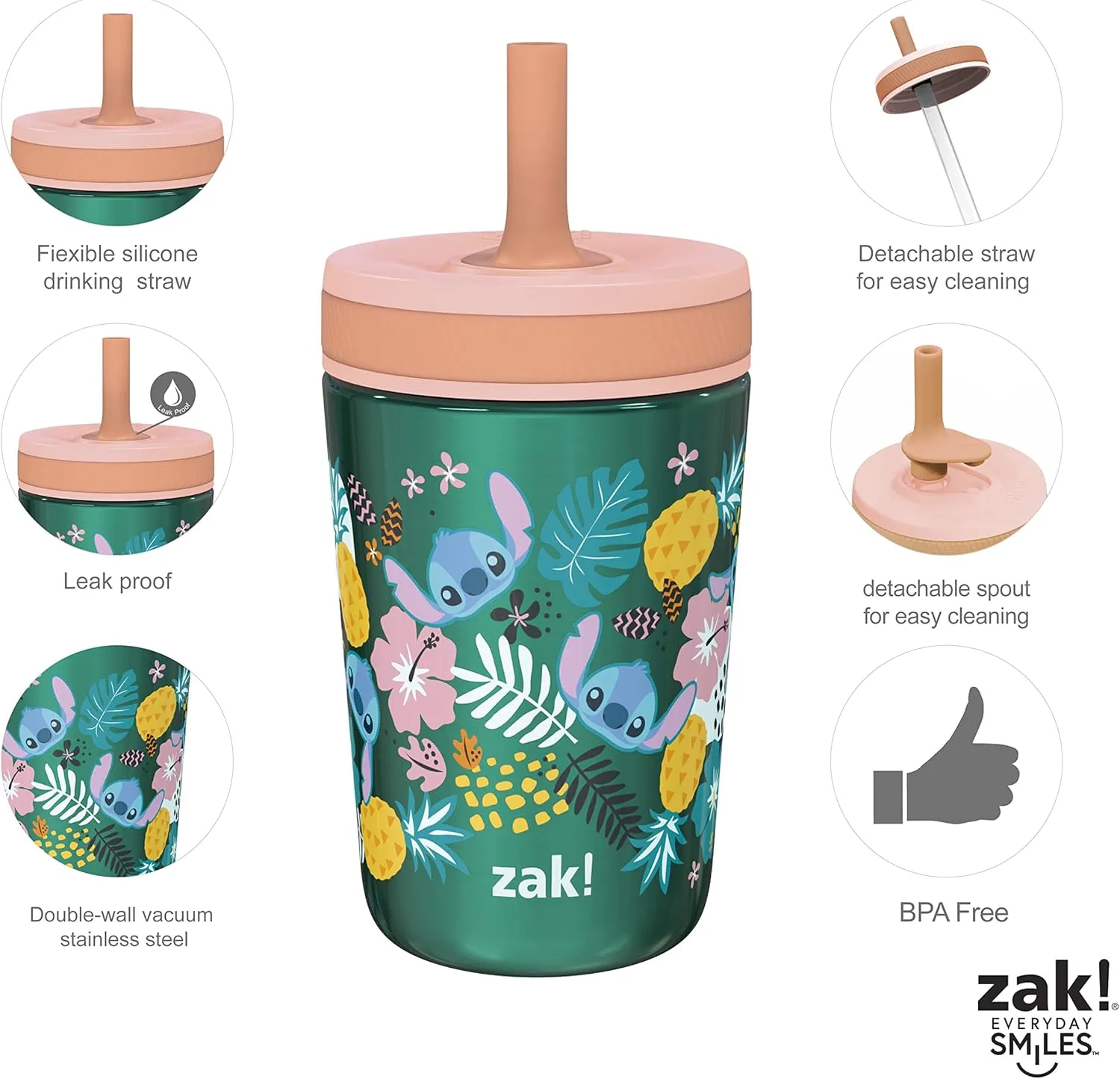 Zak Designs Disney Lilo and Stitch Kelso Tumbler Set, Leak-Proof Screw-On Lid with Straw, Bundle for Kids Includes Plastic and Stainless Steel Cups with Bonus Sipper (3pc Set, Non-BPA, Stitch)