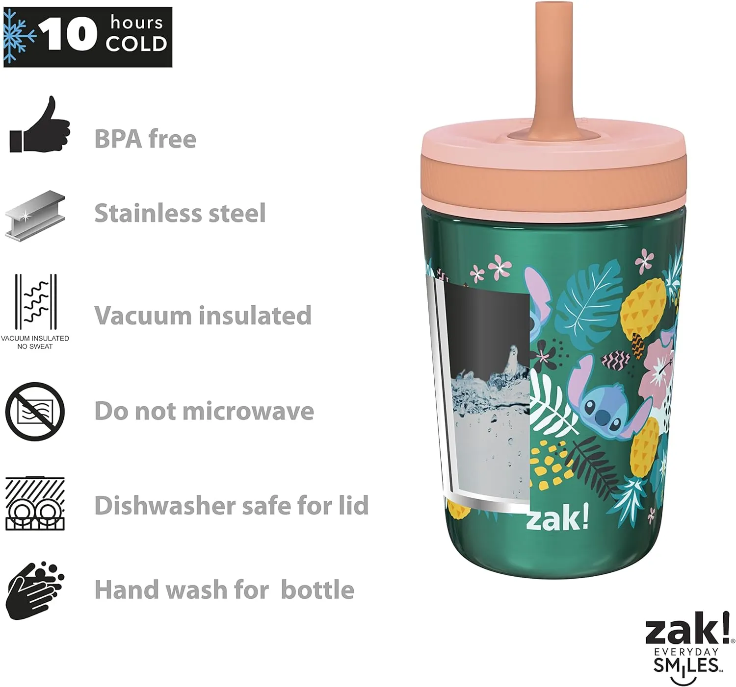 Zak Designs Disney Lilo and Stitch Kelso Tumbler Set, Leak-Proof Screw-On Lid with Straw, Bundle for Kids Includes Plastic and Stainless Steel Cups with Bonus Sipper (3pc Set, Non-BPA, Stitch)
