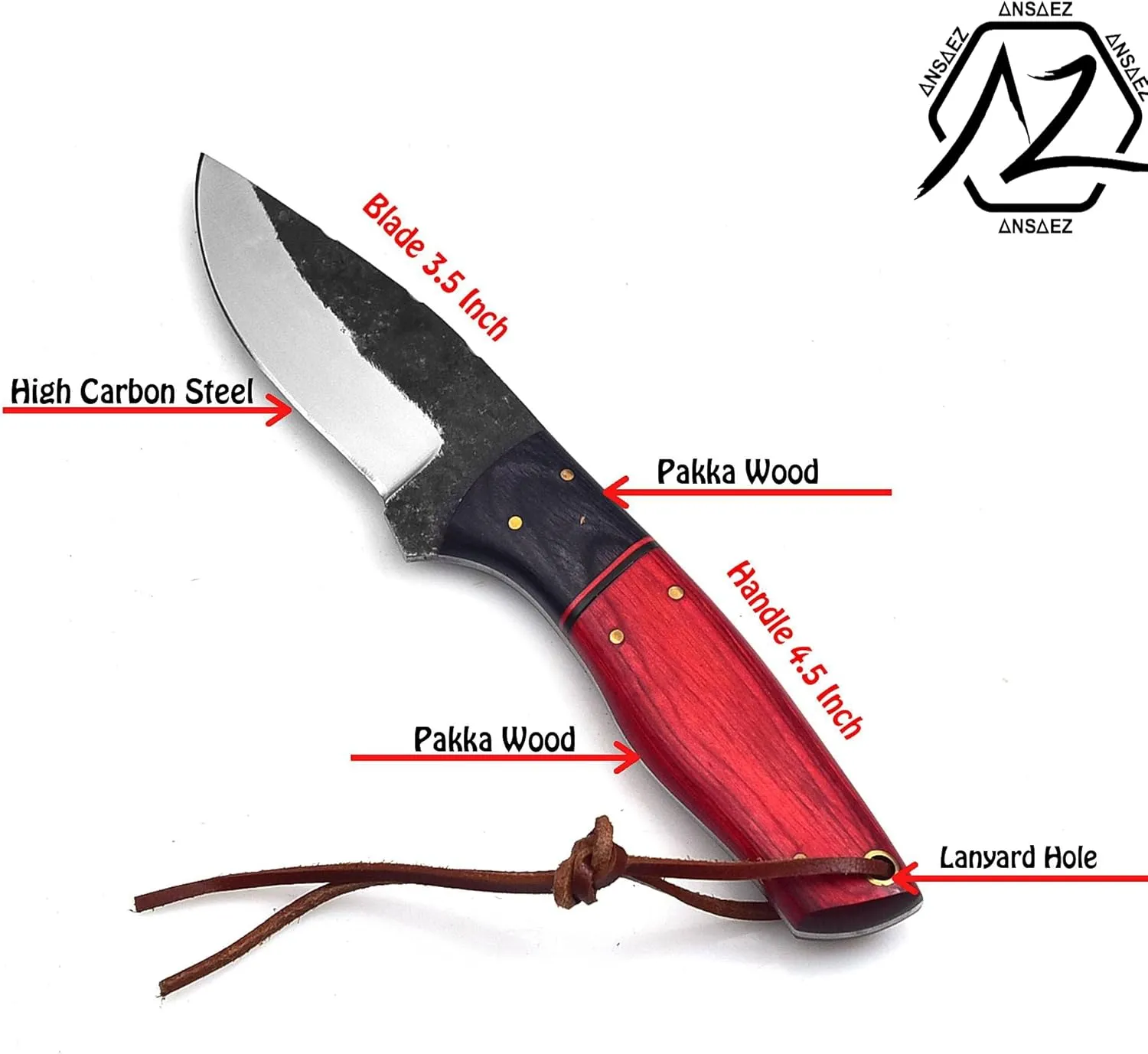 ZE-HK-51 Handmade Carbon Steel hunting knife with Leather Sheath Outdoor Full Tang Fixed blade Bushcraft Knife, survival knife for Hunting Camping Skinning with Wood Handle (Red)