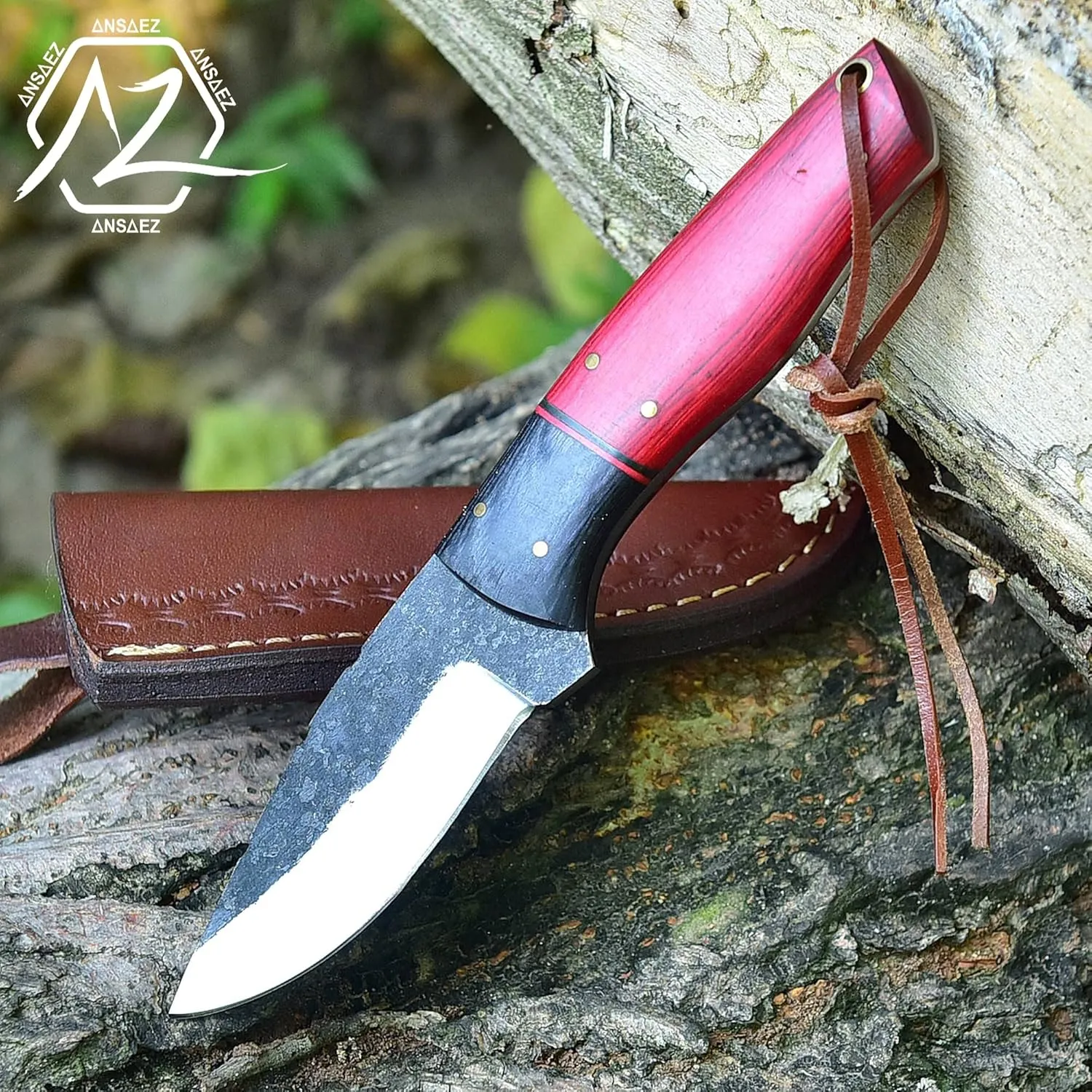 ZE-HK-51 Handmade Carbon Steel hunting knife with Leather Sheath Outdoor Full Tang Fixed blade Bushcraft Knife, survival knife for Hunting Camping Skinning with Wood Handle (Red)