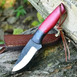ZE-HK-51 Handmade Carbon Steel hunting knife with Leather Sheath Outdoor Full Tang Fixed blade Bushcraft Knife, survival knife for Hunting Camping Skinning with Wood Handle (Red)