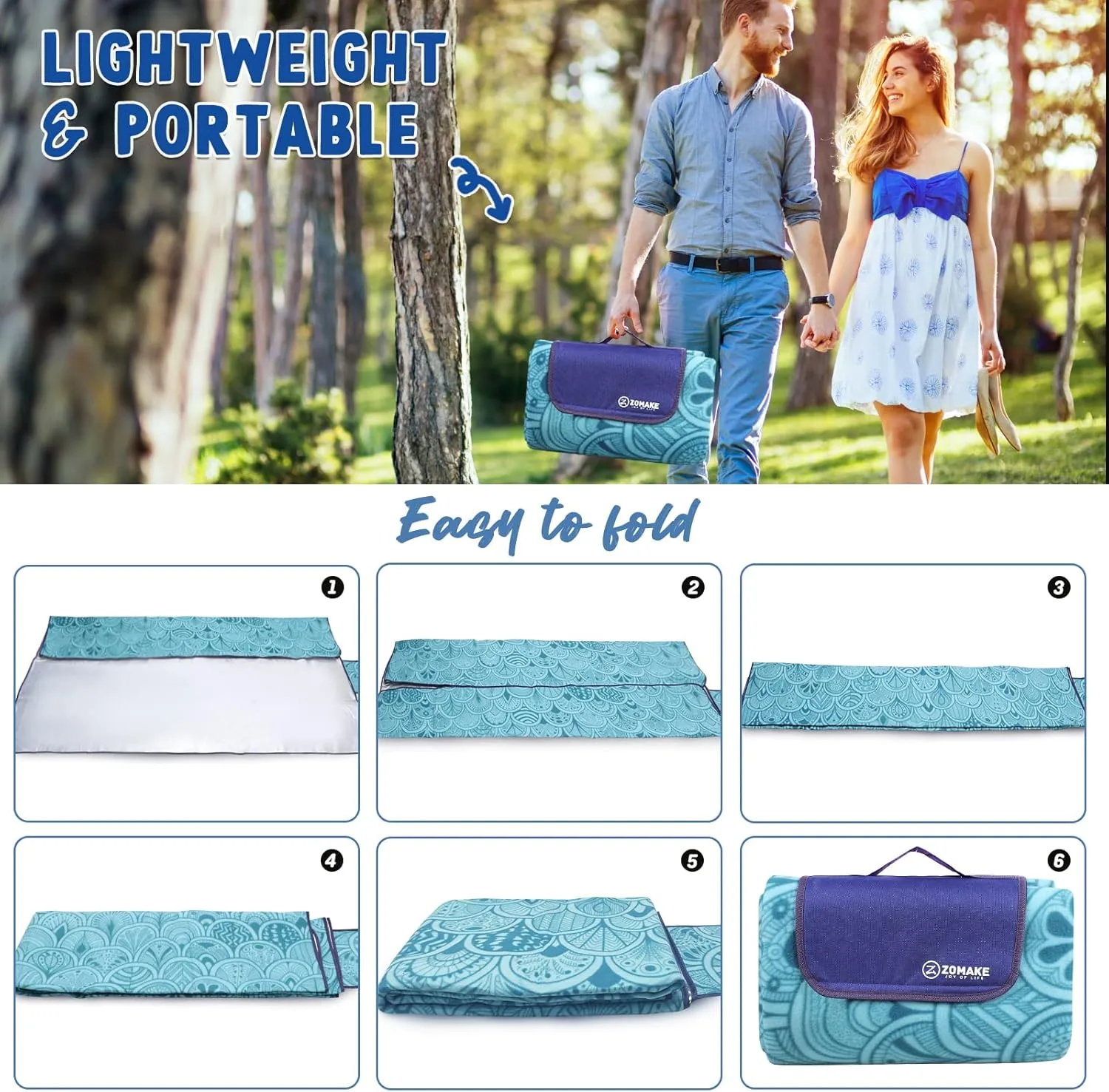 ZOMAKE Picnic Blanket - Waterproof, Foldable, Sandproof - 79"x79" Concert, Beach, Yard, Outdoor Grass Blanket - Large (Peacock Blue)
