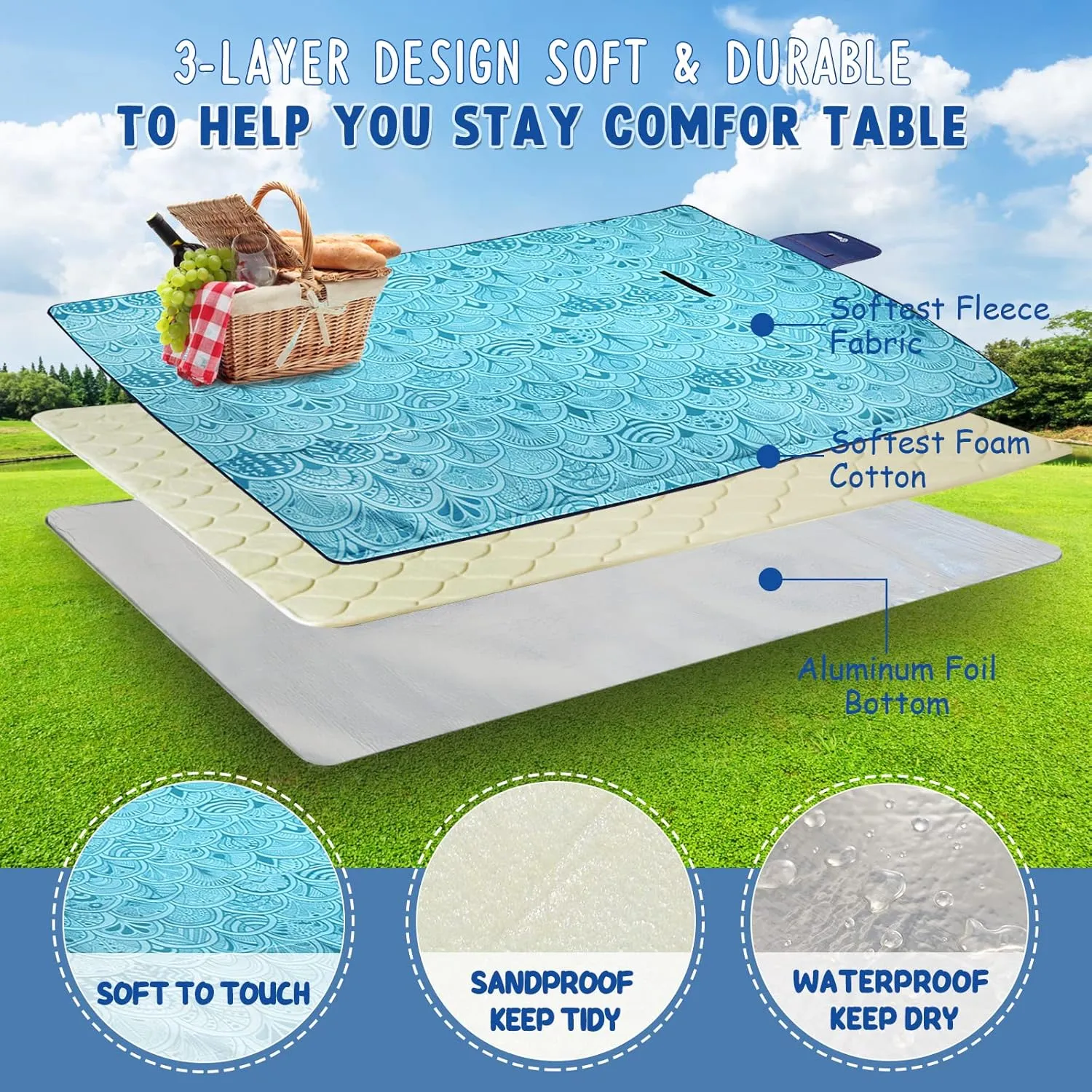 ZOMAKE Picnic Blanket - Waterproof, Foldable, Sandproof - 79"x79" Concert, Beach, Yard, Outdoor Grass Blanket - Large (Peacock Blue)