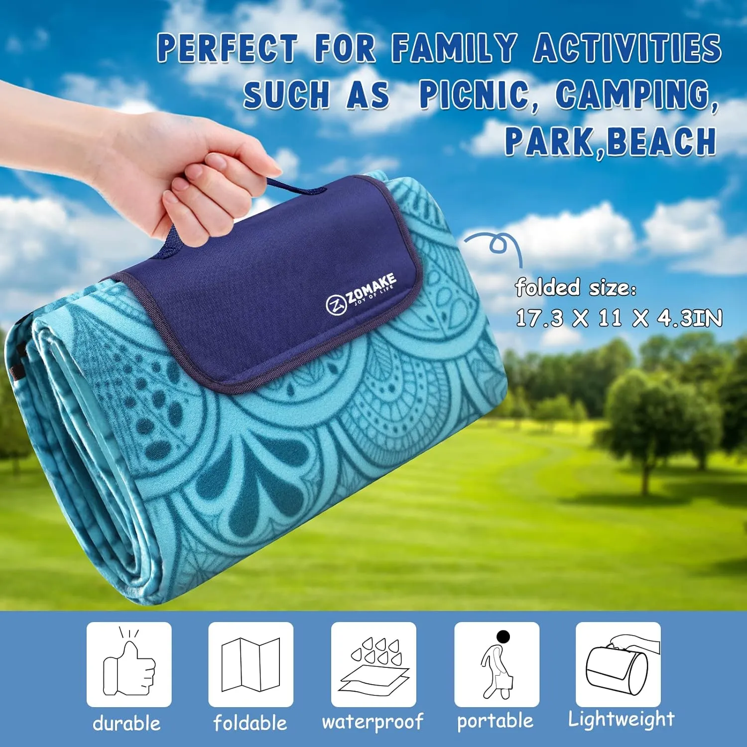 ZOMAKE Picnic Blanket - Waterproof, Foldable, Sandproof - 79"x79" Concert, Beach, Yard, Outdoor Grass Blanket - Large (Peacock Blue)